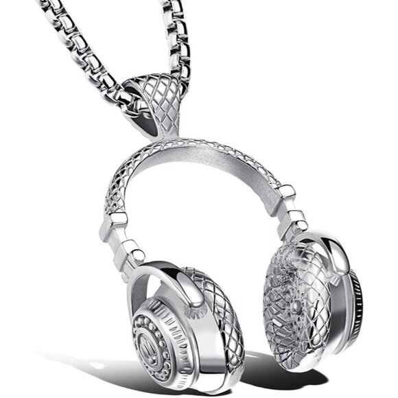 New Silver Stainless Steel Headphone Pendant Necklace for Men | DJ Music Gift - Picture 1 of 6